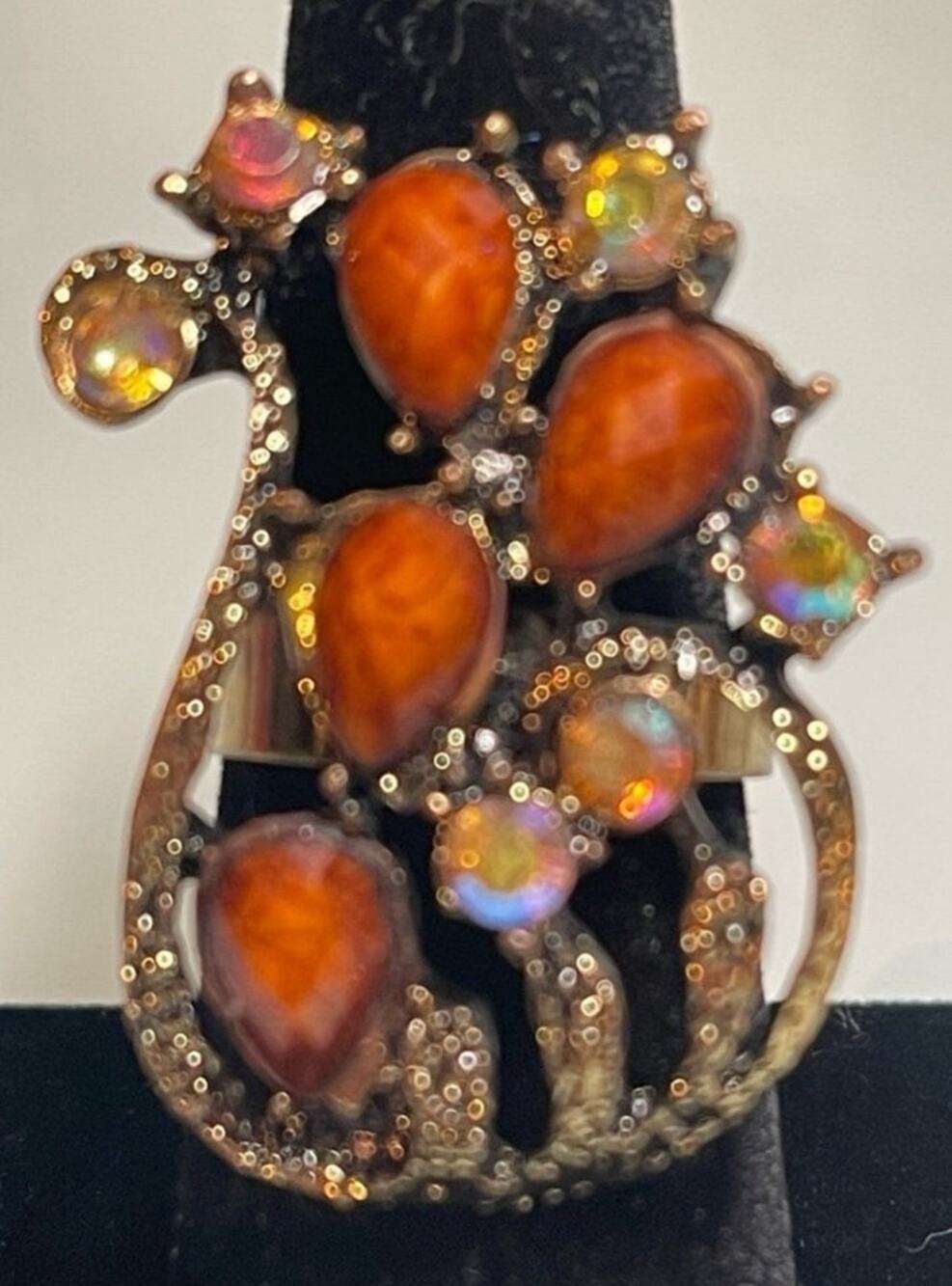Vintage costume jewelry ring amber brown stones adjustable